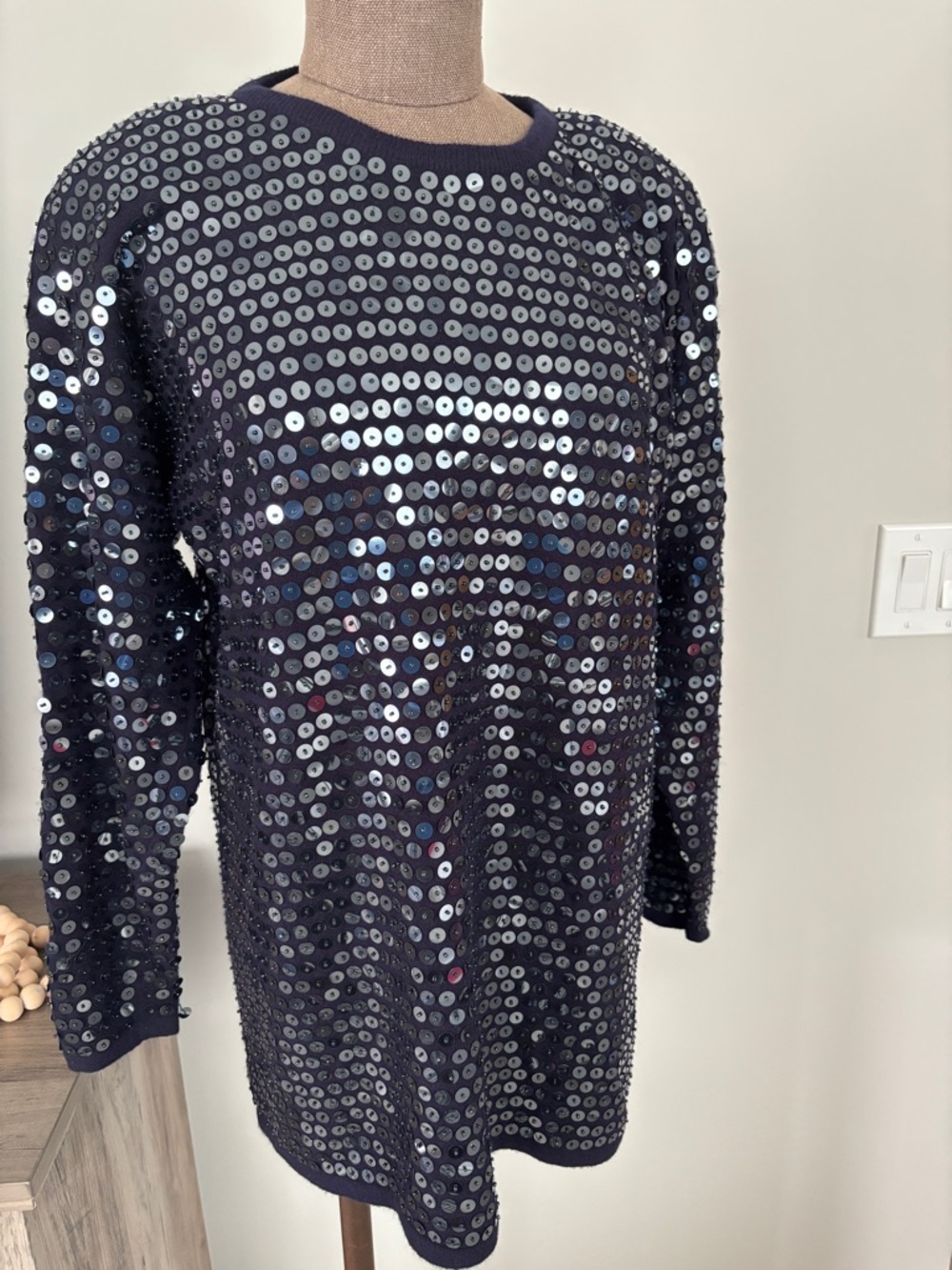Madeline Navy Wool-Angora Sweater with Sequin Trim Medium